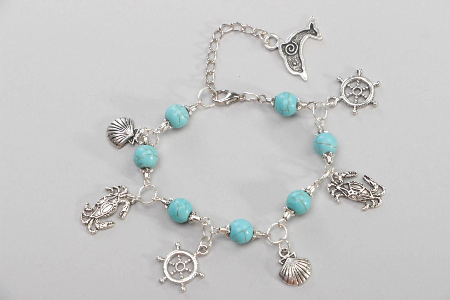 Handmade turquoise bracelet unusual accessory with metal charms cute jewelry photo 2