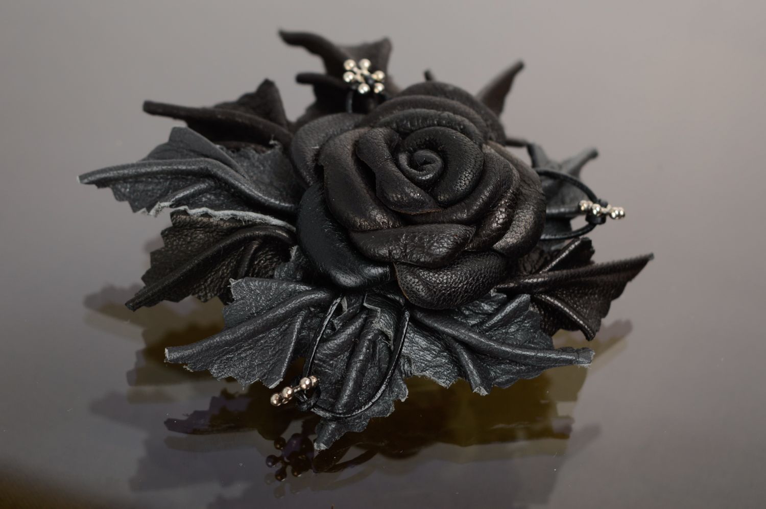 Handmade genuine leather brooch-hair clip Black Rose photo 1