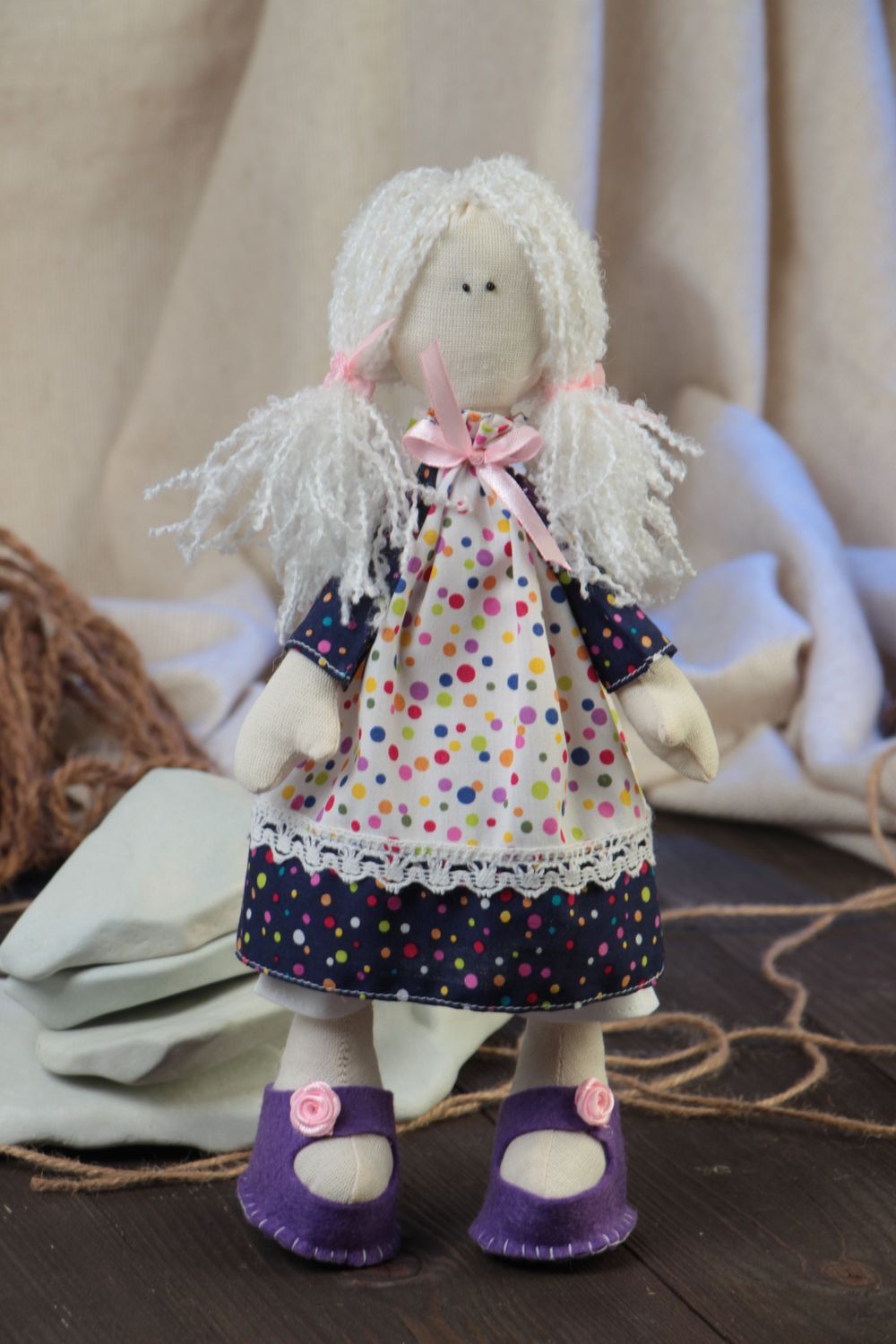 Handmade designer cotton soft doll girl in polka dot dress and violet shoes photo 1