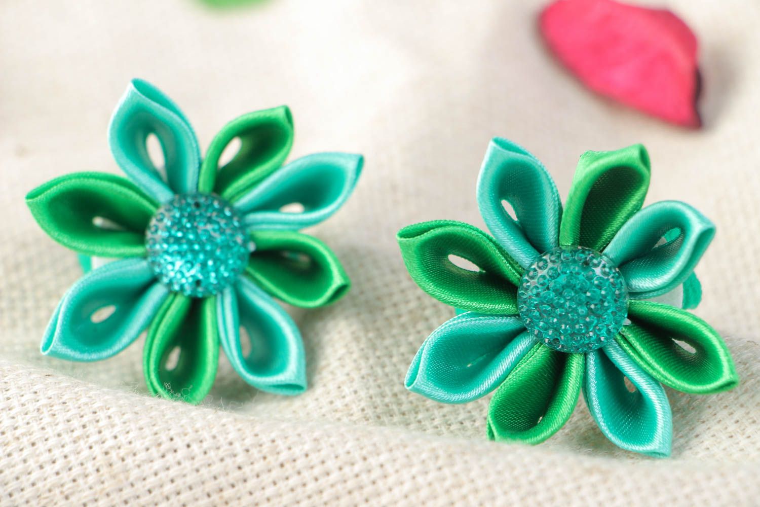 Set of handmade children's satin ribbon flower scrunchies of green color 2 pieces photo 1