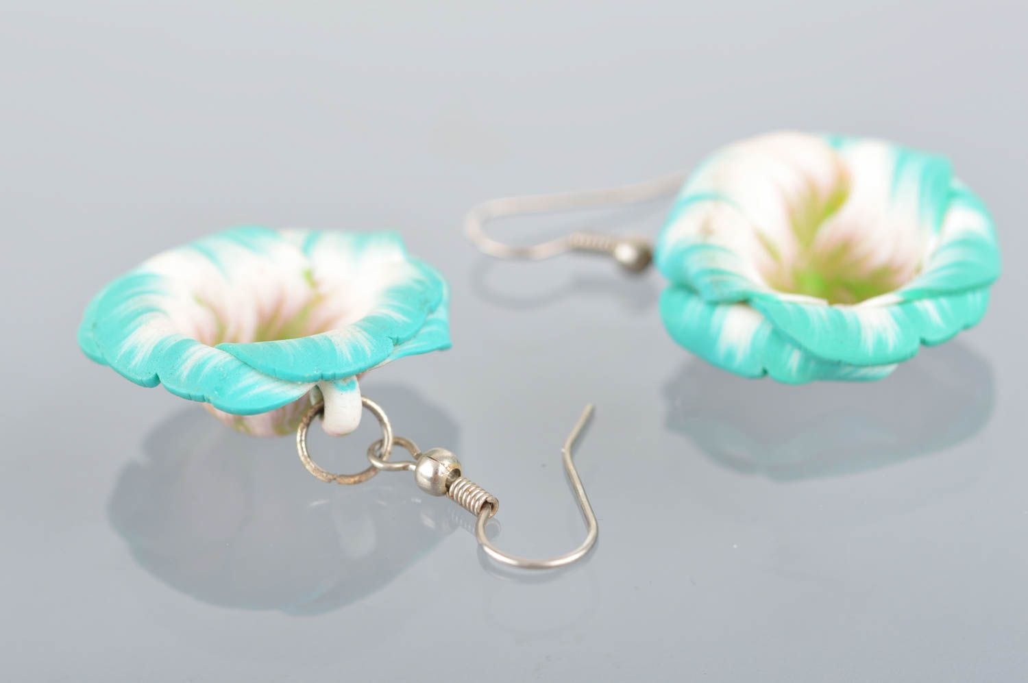Polymer clay handmade blue and white beautiful earrings with flowers present photo 5