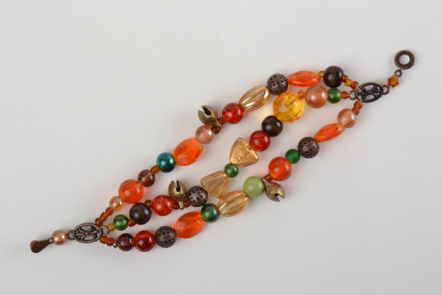 Handmade colorful multi row wrist bracelet with glass and wooden beads photo 3