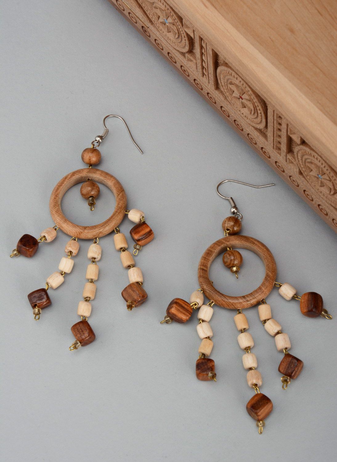 Long wooden earrings in ethnic style photo 2