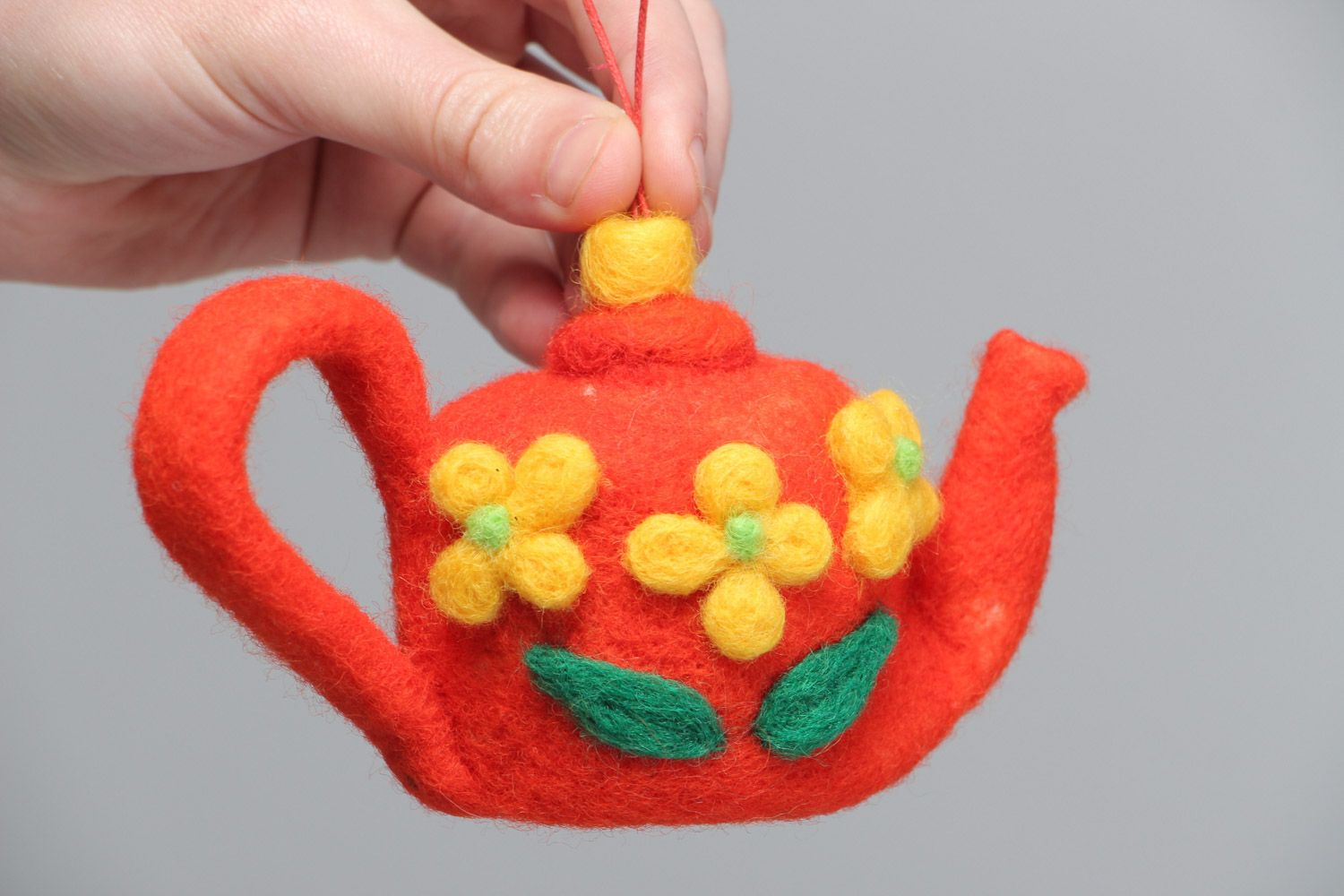 Handmade designer soft toy felted of wood Red Teapot with eyelet for hanging photo 5