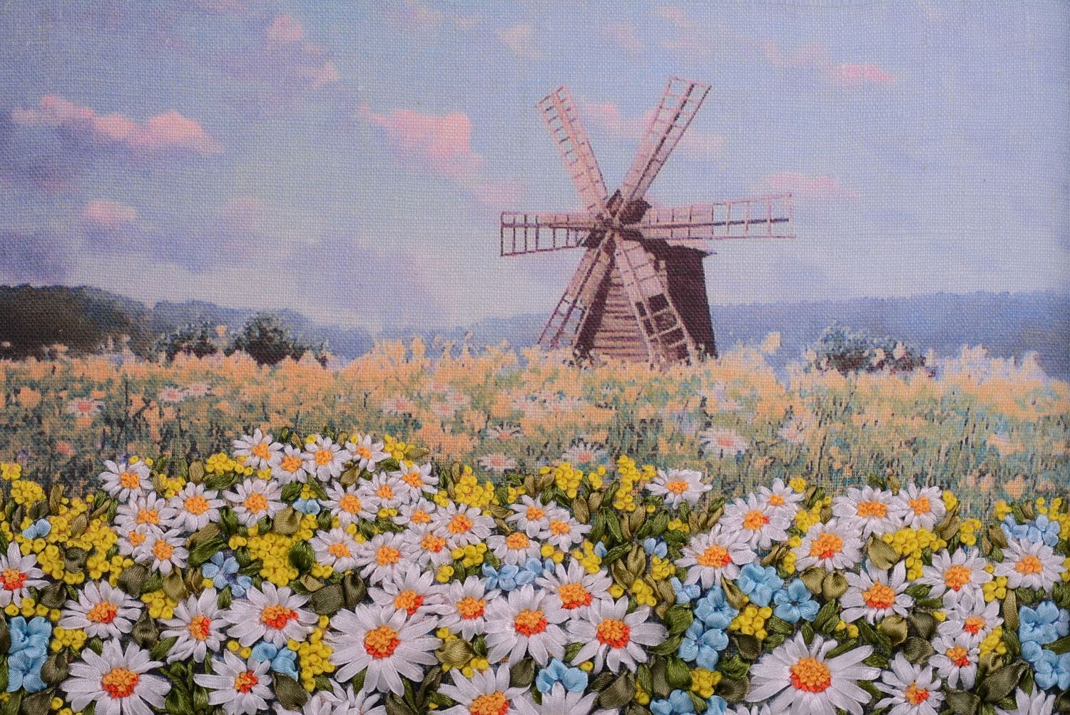Embroidered landscape Mill in Chamomile Field photo 2
