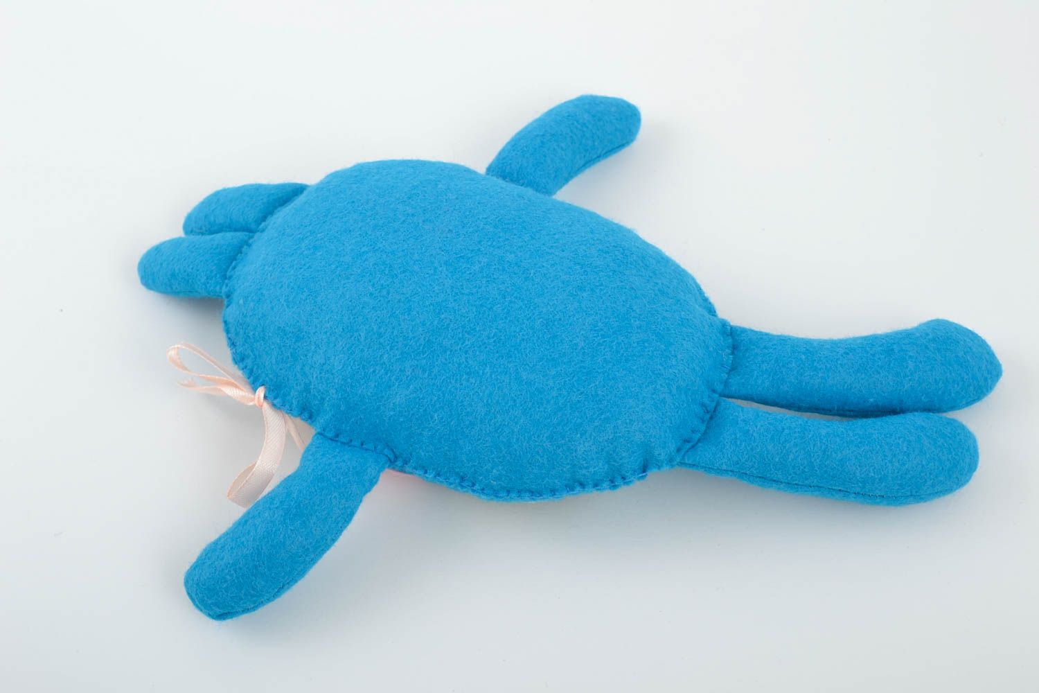 Small funny handmade fabric soft toy hare of blue color photo 4