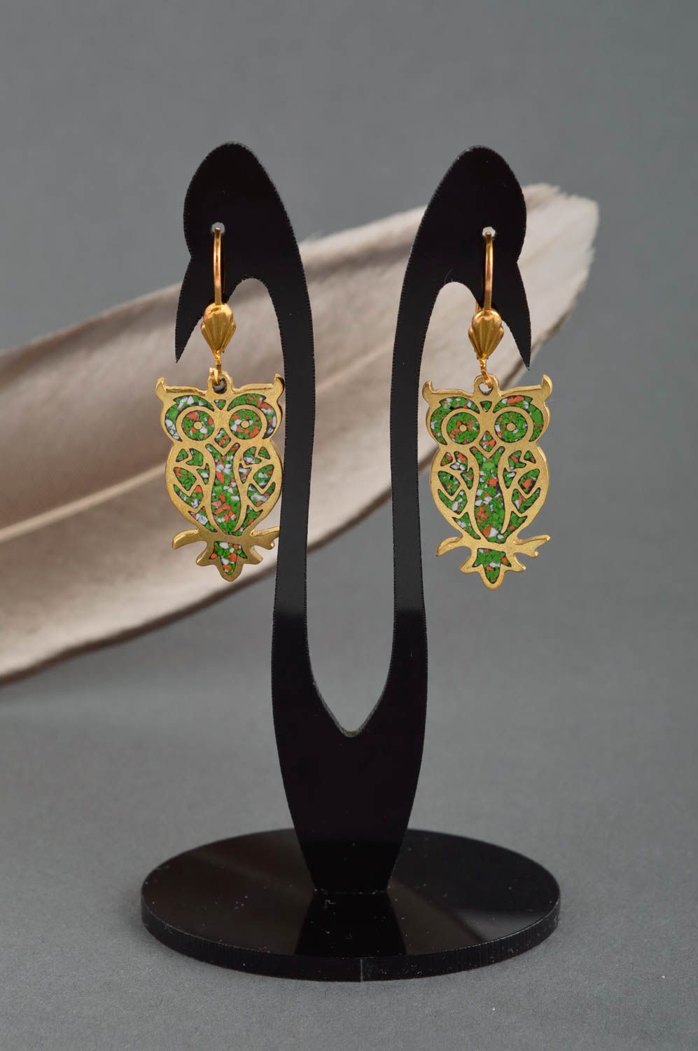 Handmade long interesting earrings unusual brass earrings natural stone jewelry photo 1