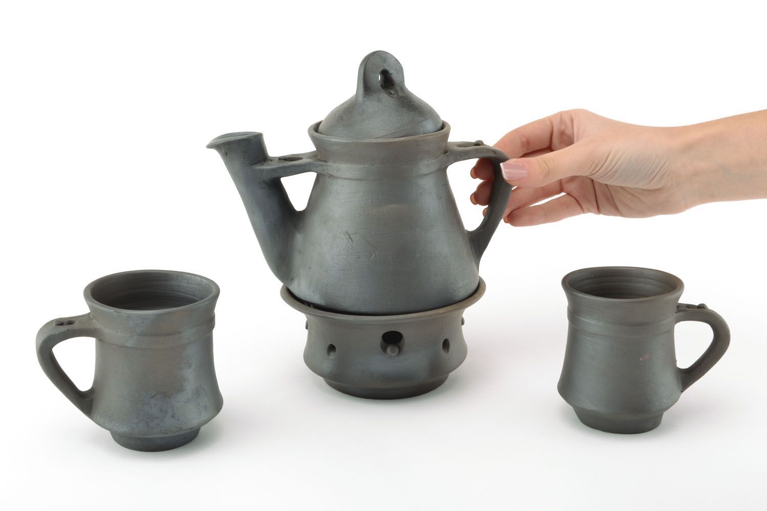 Black smoked clay black coffee set with ceramic kettle and 2 two cups photo 6