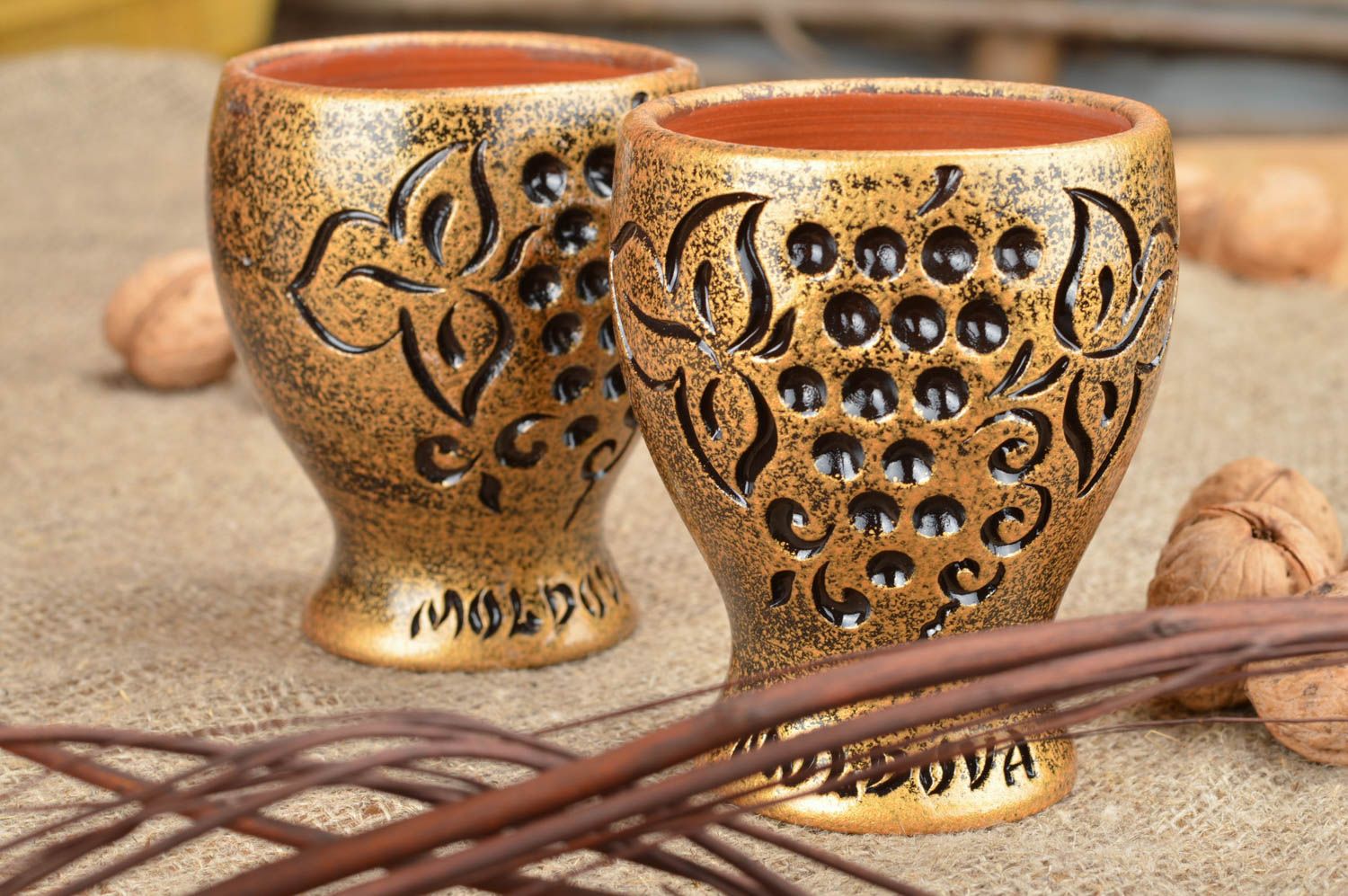 Beautiful handmade designer clay glasses set with patterns 2 pieces 150 ml each photo 1