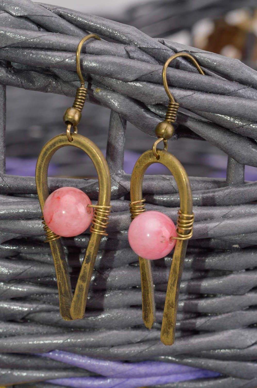 Украшение из латуни handmade серьги из натуральных камней модные серьги розовые фото 1