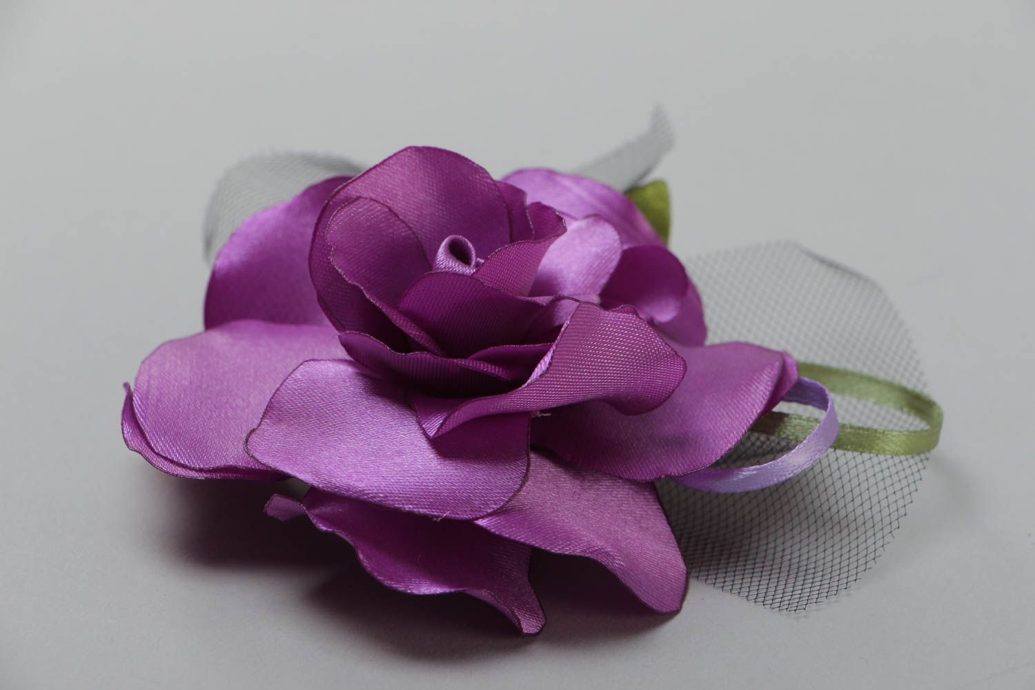 Handmade decorative hair clip with large volume satin rose flower of violet color photo 3