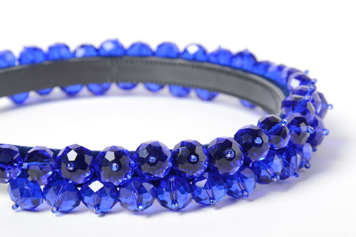 Festive blue handmade velvet headband with faceted beads for dark-haired girls photo 3