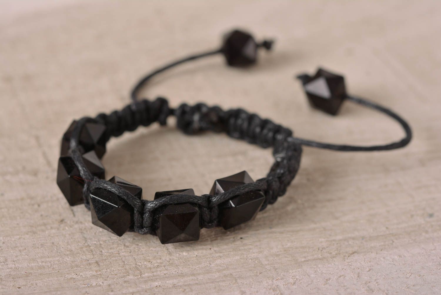 Black cord square black beads strand bracelet for men photo 1