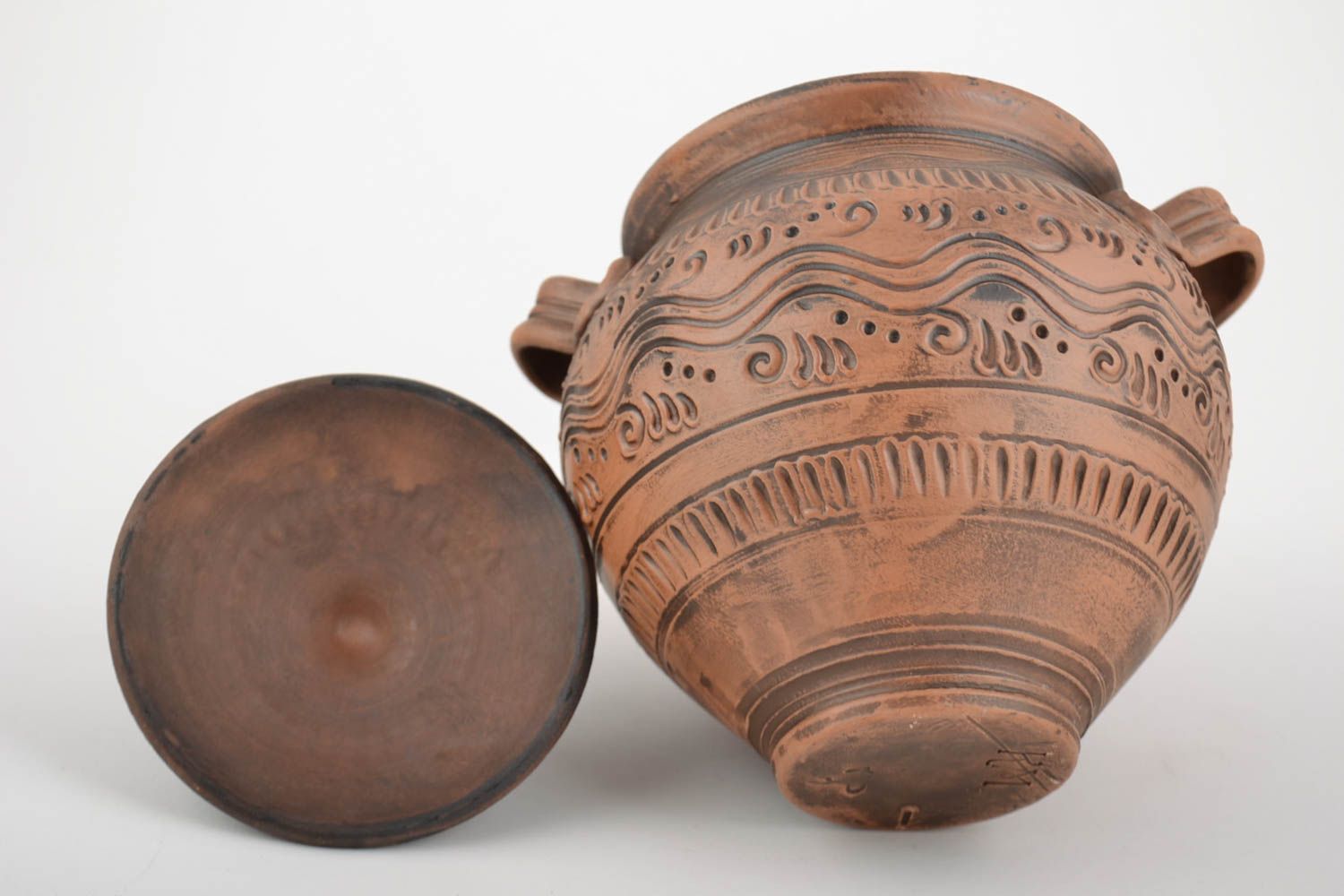Beautiful unusual handmade molded clay pan 1 l ceramic pot for roasting photo 4