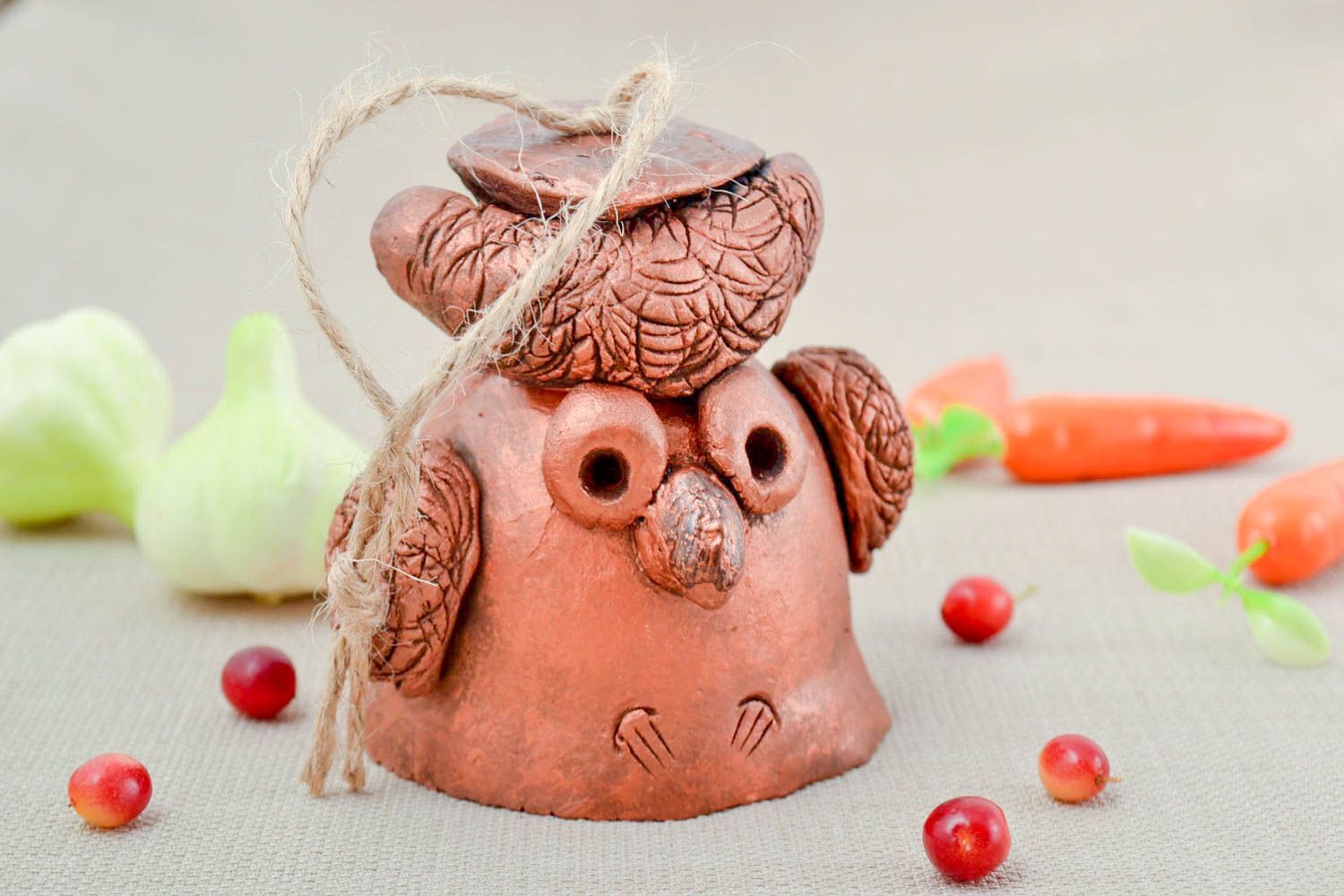 Handmade ceramic unique animal bell designer red clay interior figurine photo 1