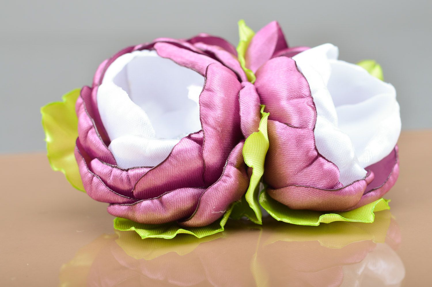 Handmade hair clip with beautiful fabric flowers of violet color for ladies photo 4