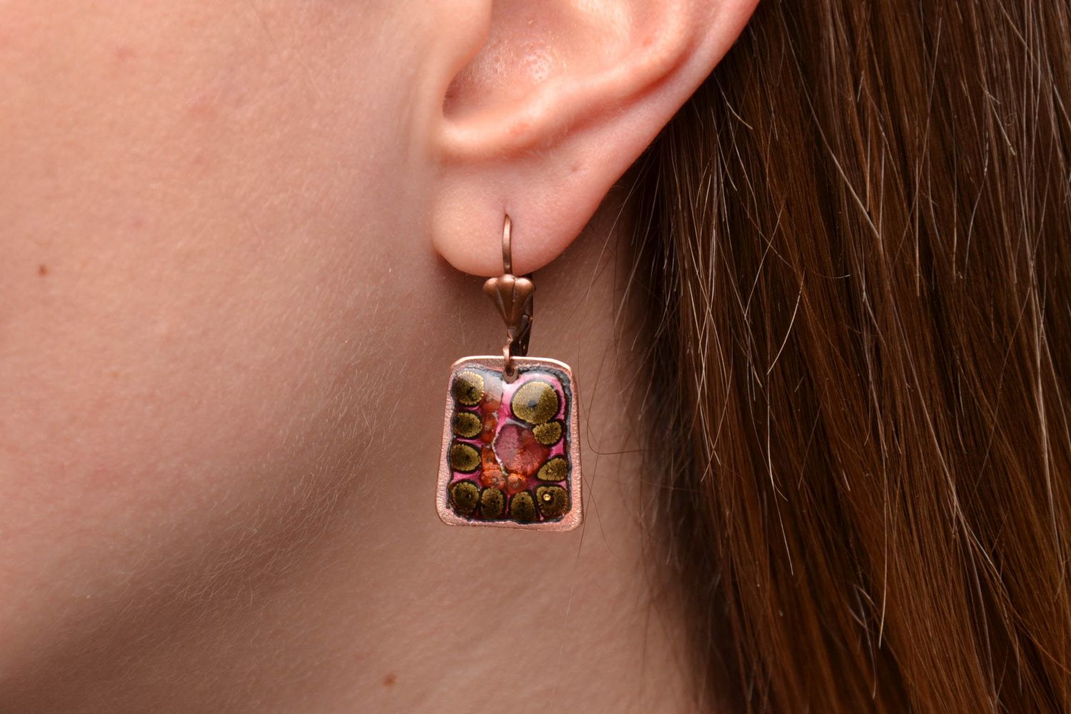 Handmade rectangular copper earrings with enamels photo 2