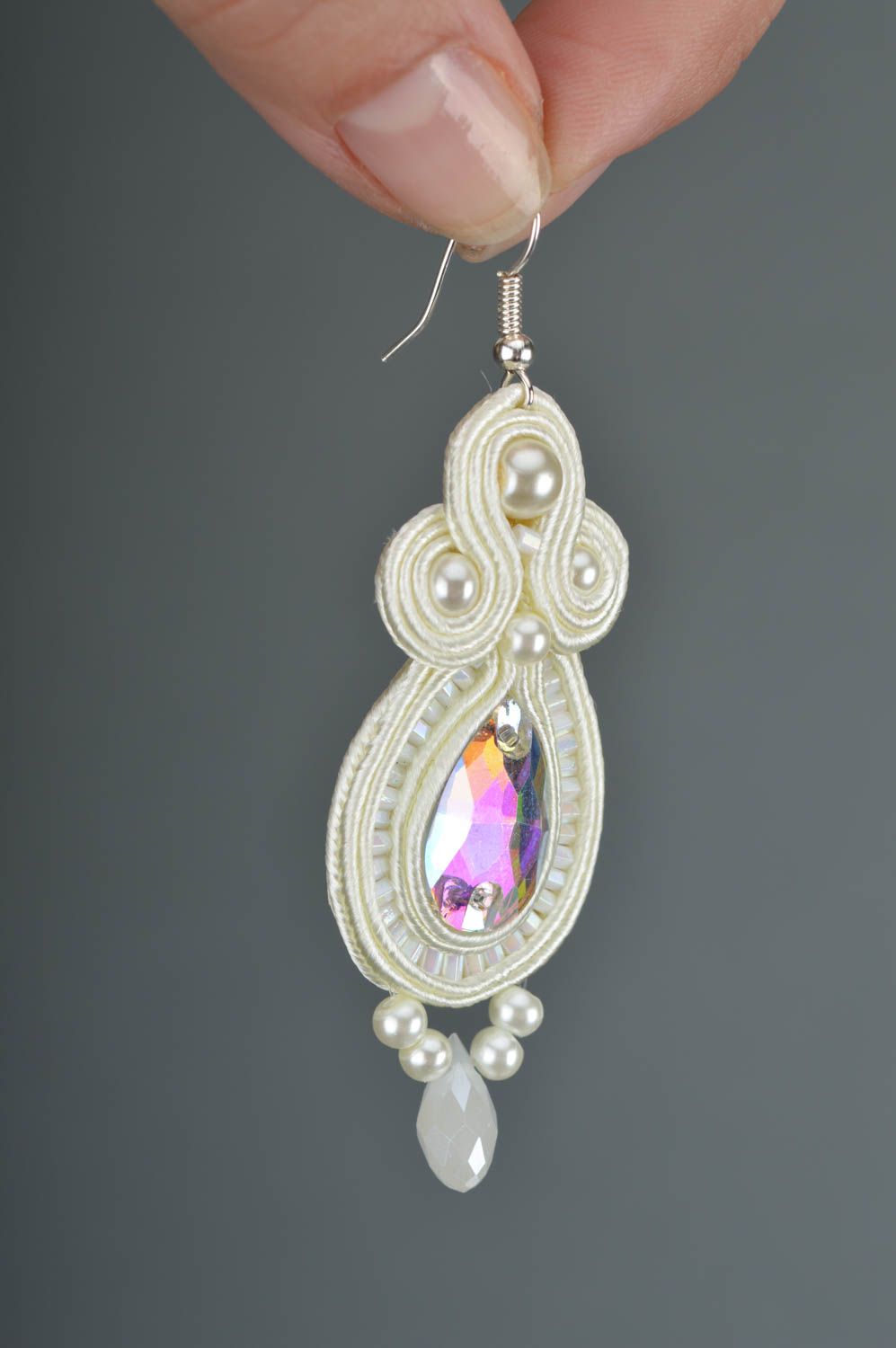Beautiful long handmade designer white soutache earrings with crystals photo 3