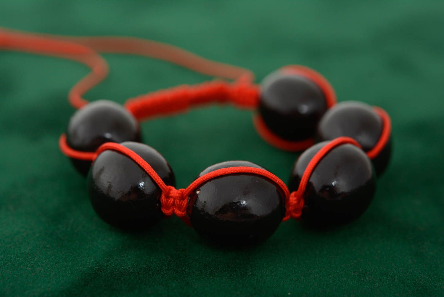 Bracelet with plastic beads on red waxed cord braided handmade accessory photo 3