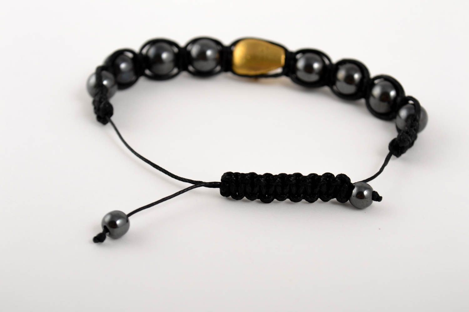 Strand black beads on black cord unisex bracelet with scull centerpiece photo 3