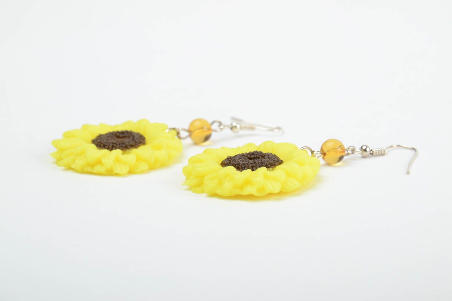 Handmade floral yellow and black polymer clay dangling earrings Sunflowers photo 4