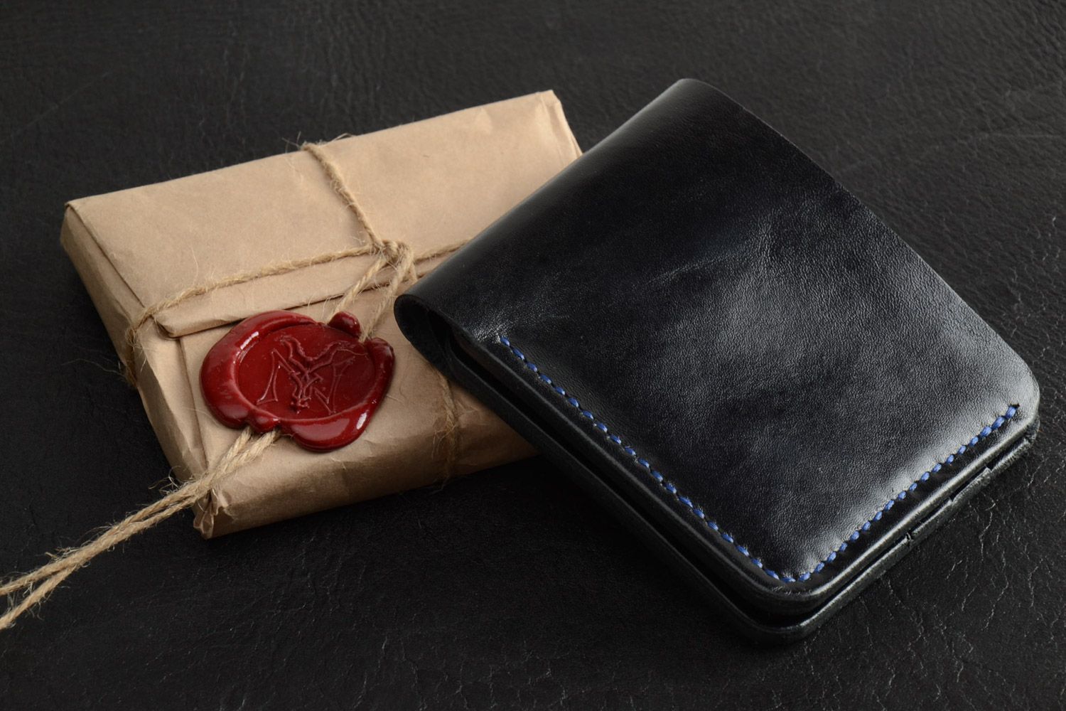Handmade genuine leather wallet of black color with 6 departments for men photo 1