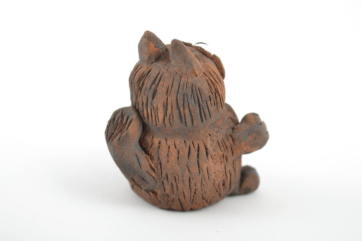Petite figurine en céramique brune peinte faite main originale en forme de chat photo 5