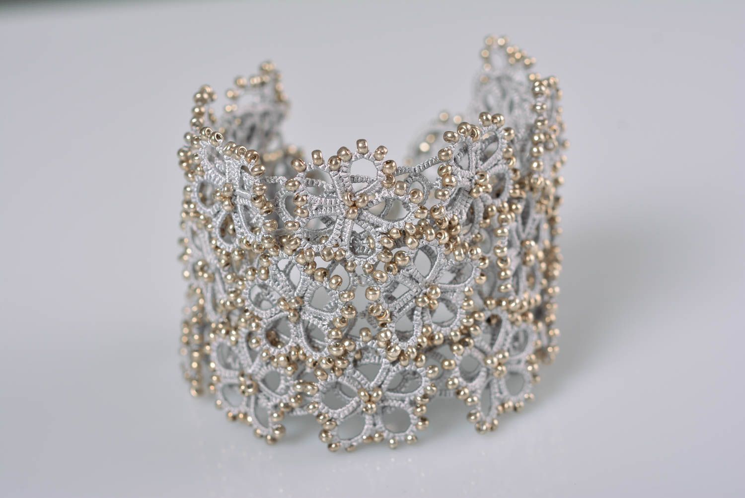 Gray and gold beads' knitted elegant bangle bracelet  photo 3