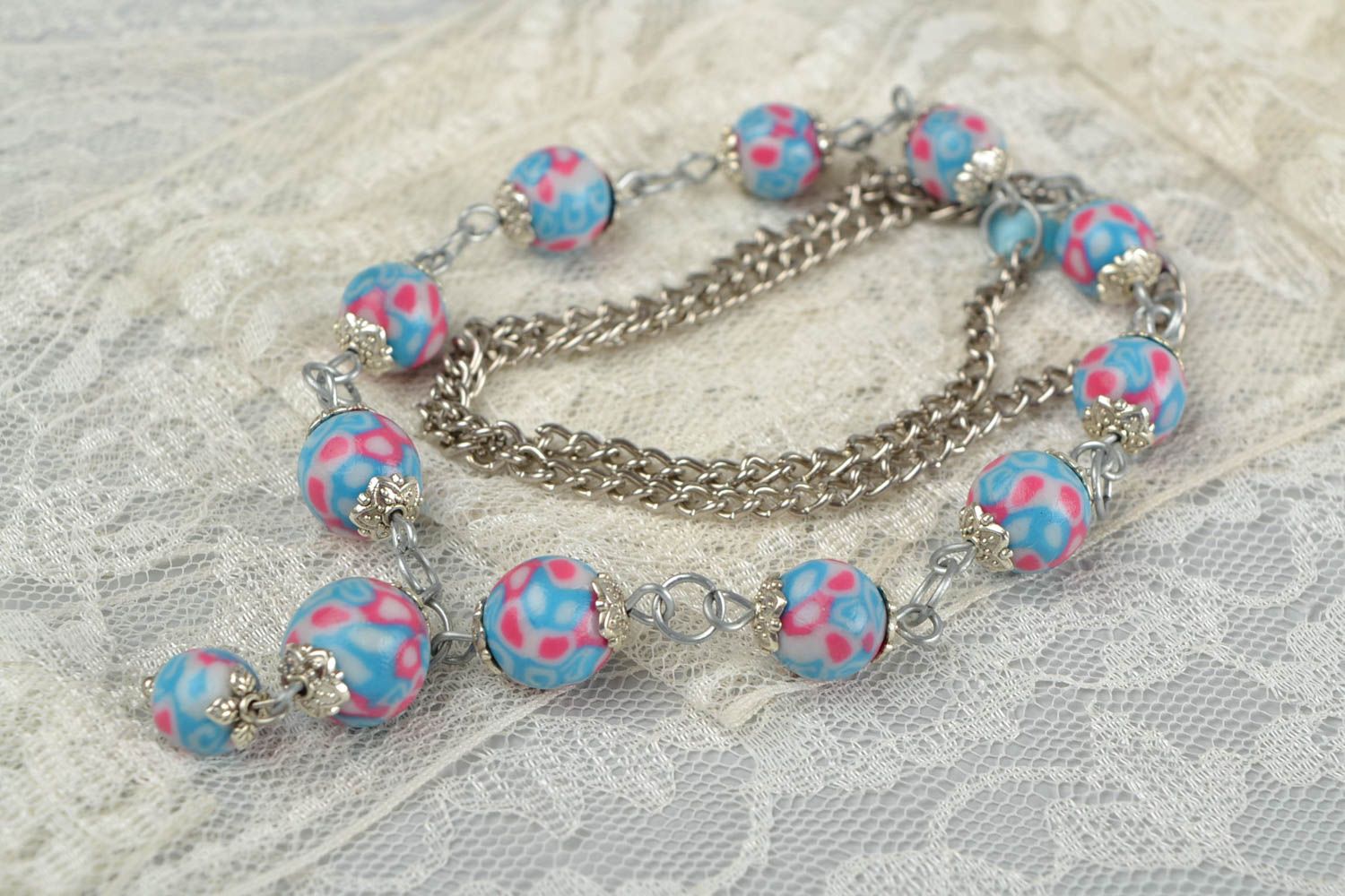 Red and blue beads necklace with metal chain photo 1