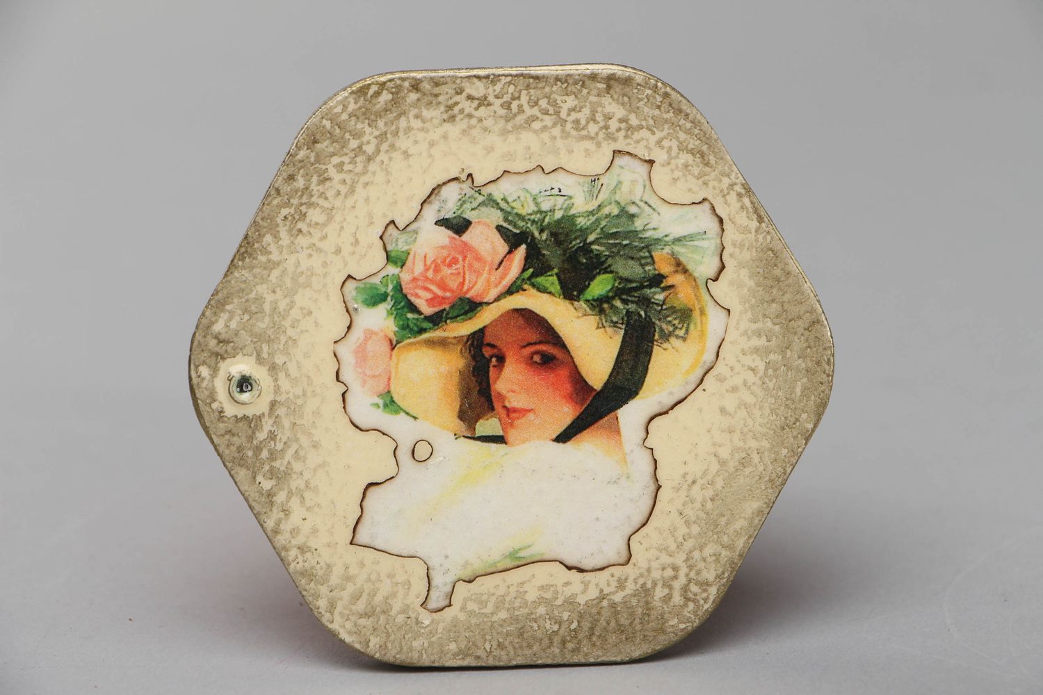 Pocket mirror with decoupage wooden frame Girl photo 1