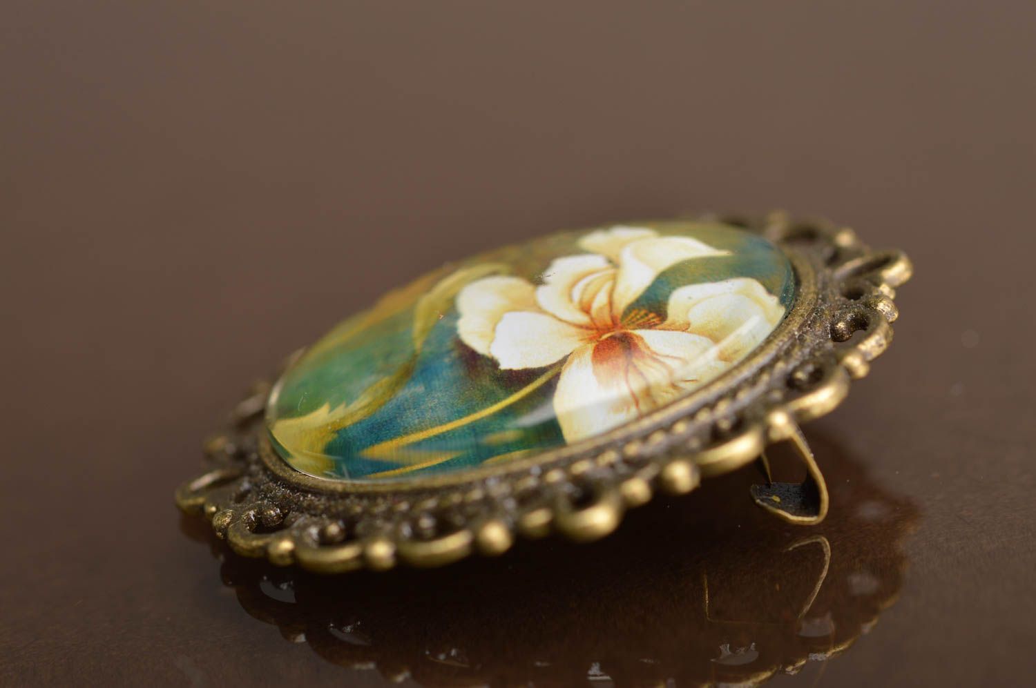 Beautiful stylish handmade designer metal brooch with cabochon Water Lily photo 2