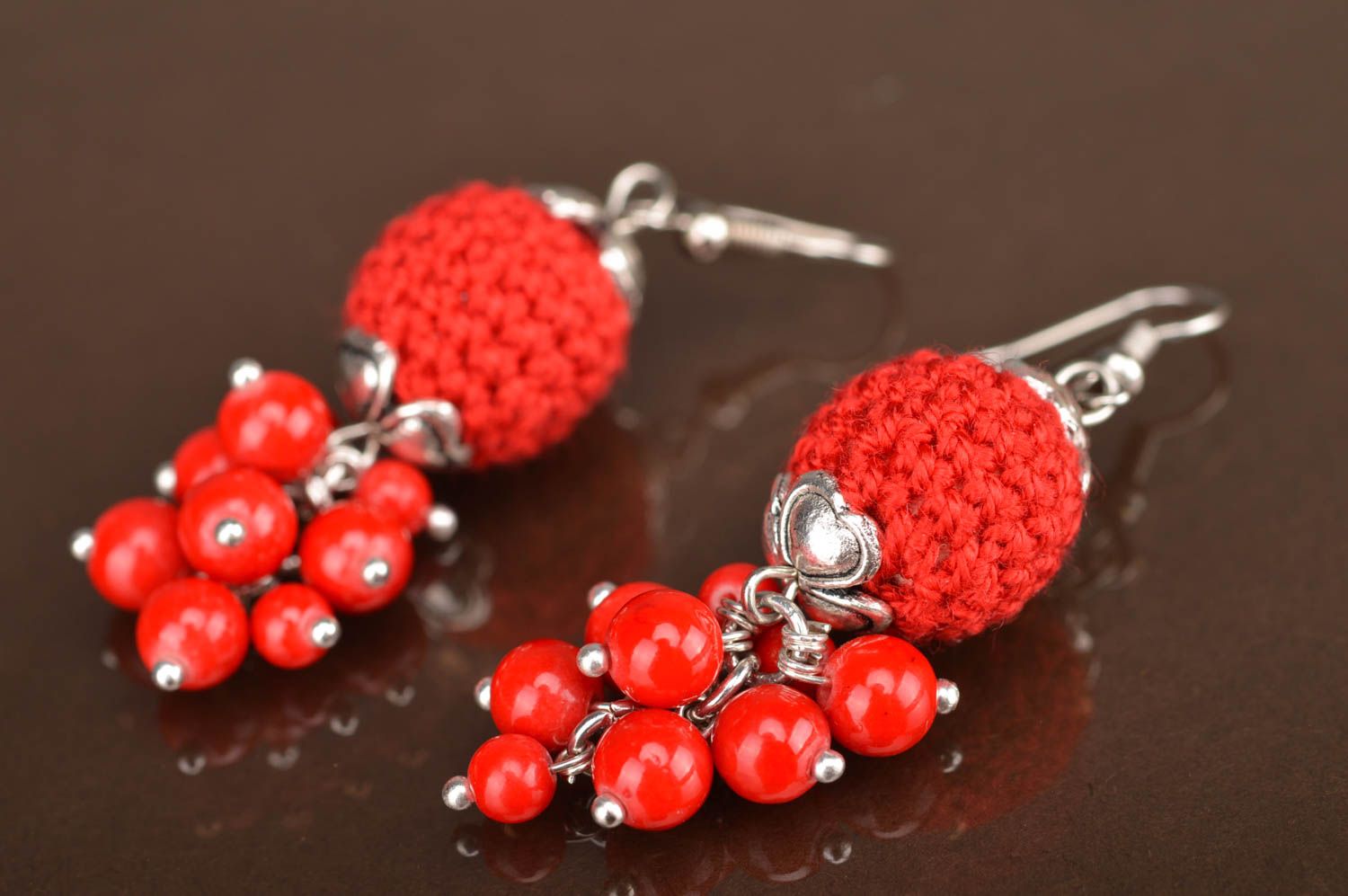 Designer earrings with red crocheted over beads handmade stylish accessory photo 5