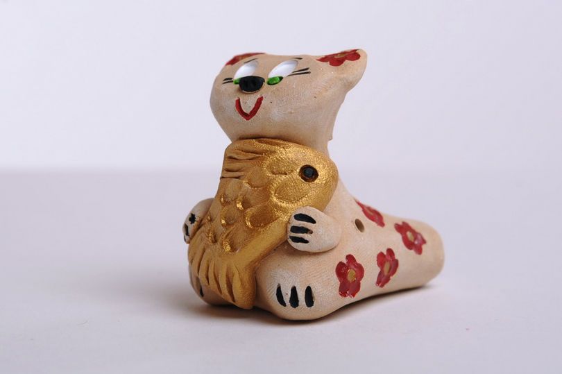 Assobio de cerâmica Gato com peixe foto 1