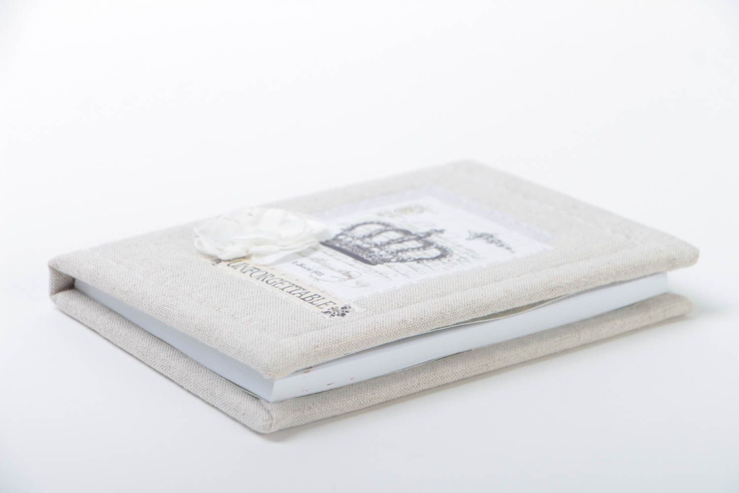 Carnet couverture en tissu de coton fait main scrapbooking avec fleur blanche photo 3