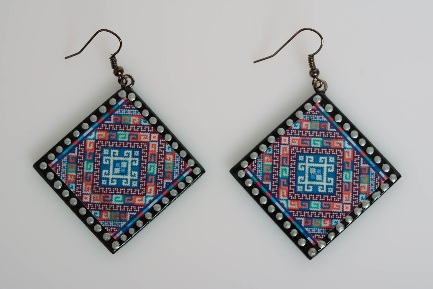 Beautiful handmade designer decoupage MDF earrings with ethnic pattern photo 5
