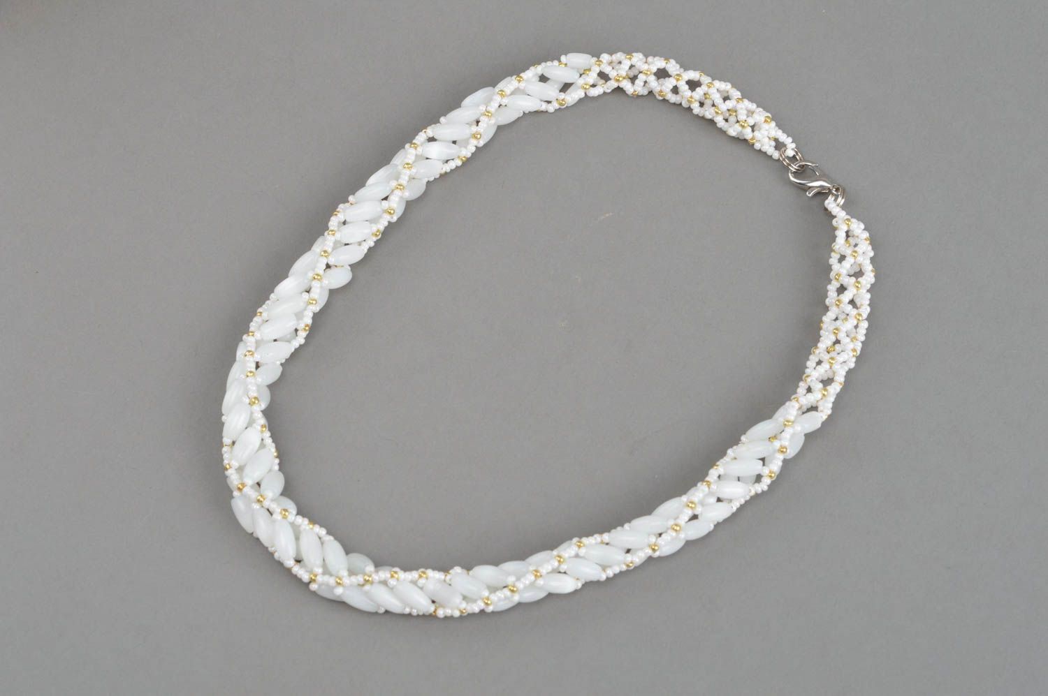Glasperlen Collier mit Katzenauge in Weiß handgemacht Halskette Damen Schmuck foto 3