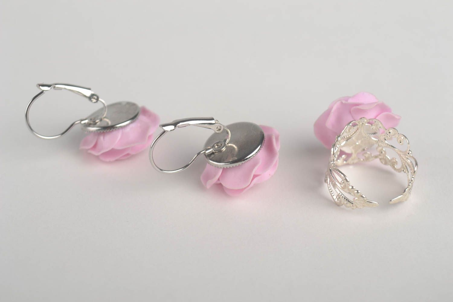 Handmade Schmuck Set Blumen Ohrringe Frauen Ring aus Porzellan rosa Rosen foto 4