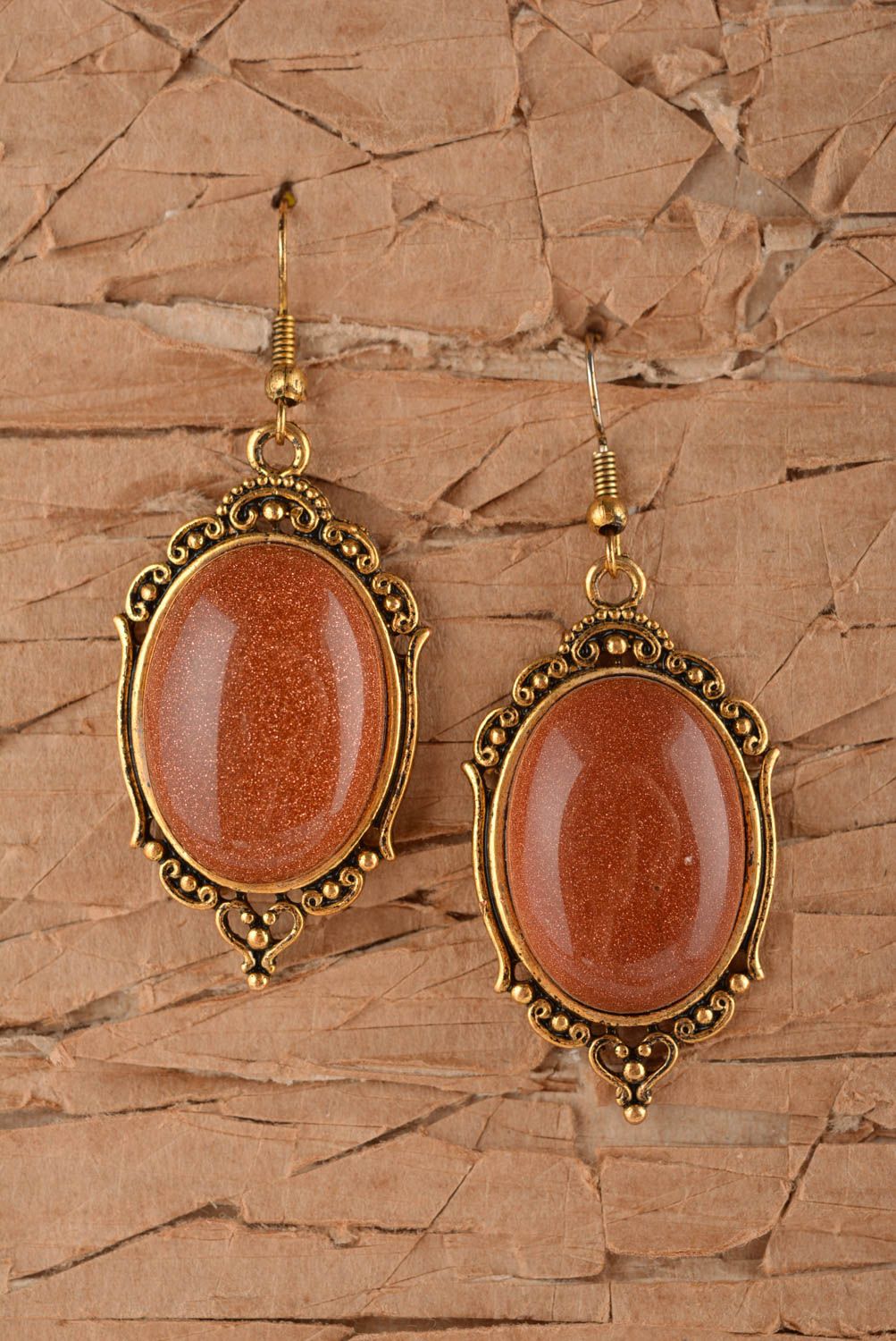 Unusual beautiful earrings handmade designer earrings brown oval jewelry photo 1