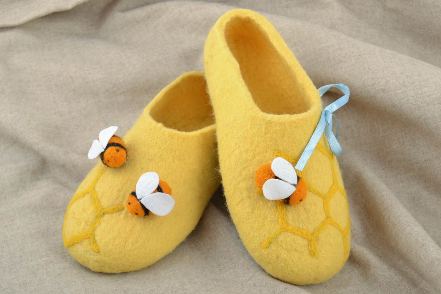 Beautiful yellow handmade designer felted wool women's house slippers photo 1