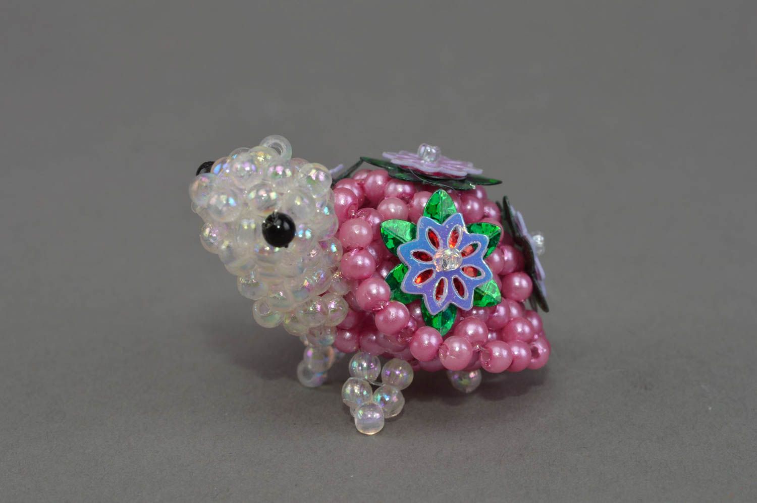 Tortue en perles de rocaille rose avec fleurs figurine décorative faite main photo 3