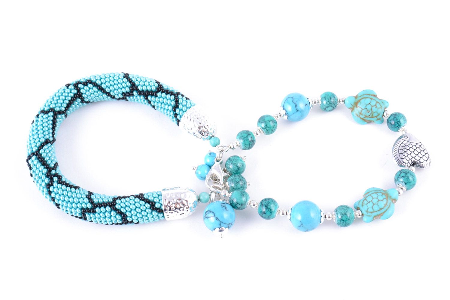Handmade beaded cord necklace woven of seed beads and turquoise stone with metal fittings photo 3