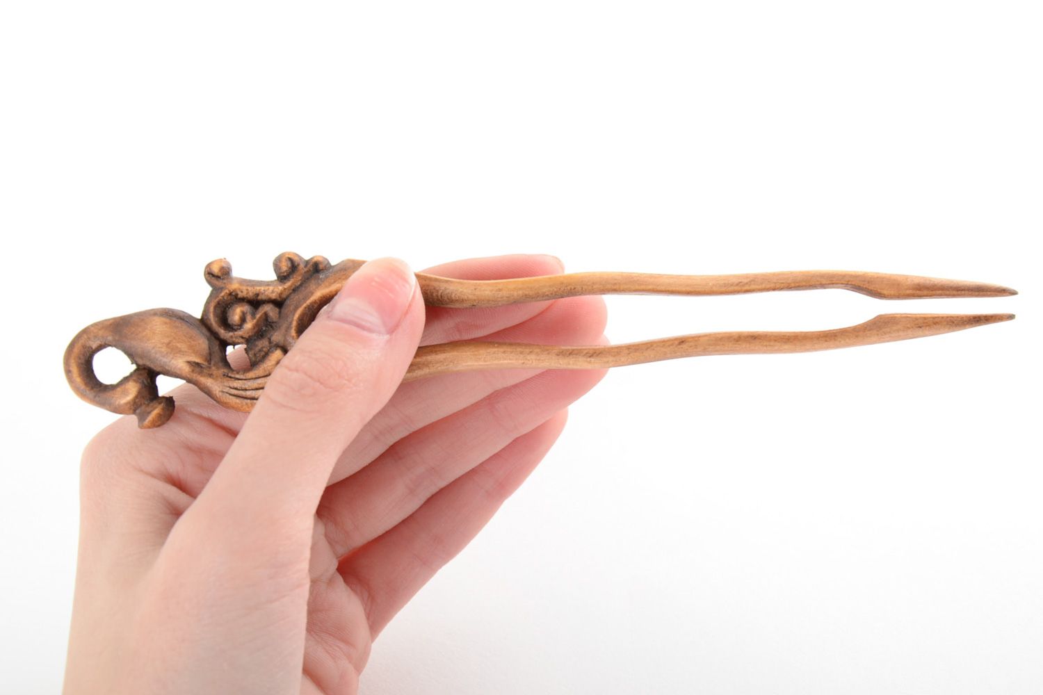 Handmade decorative wooden hair pin with elegant carving in ethnic style photo 5