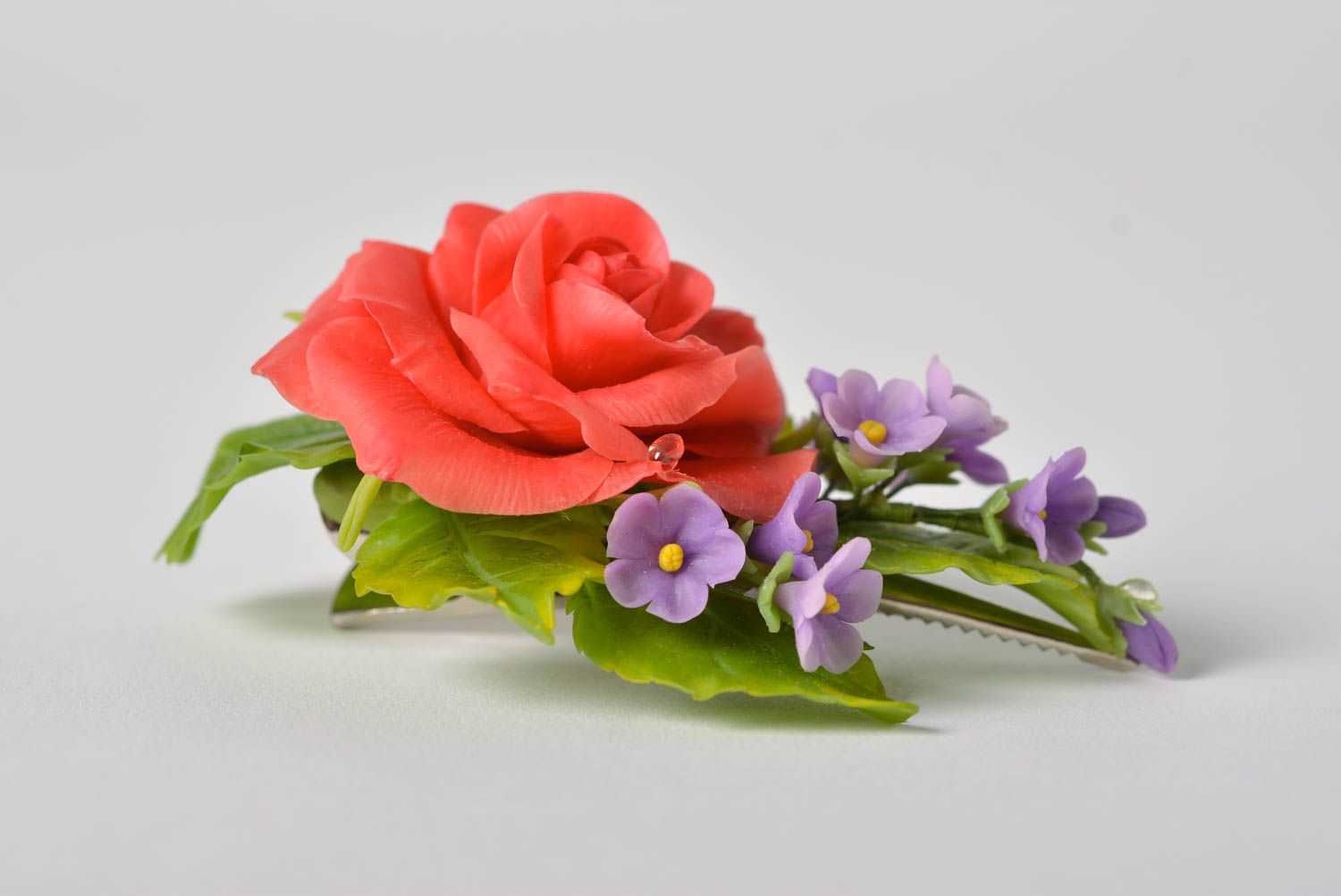Handmade designer decorative hair clip with polymer clay red and violet flowers photo 2