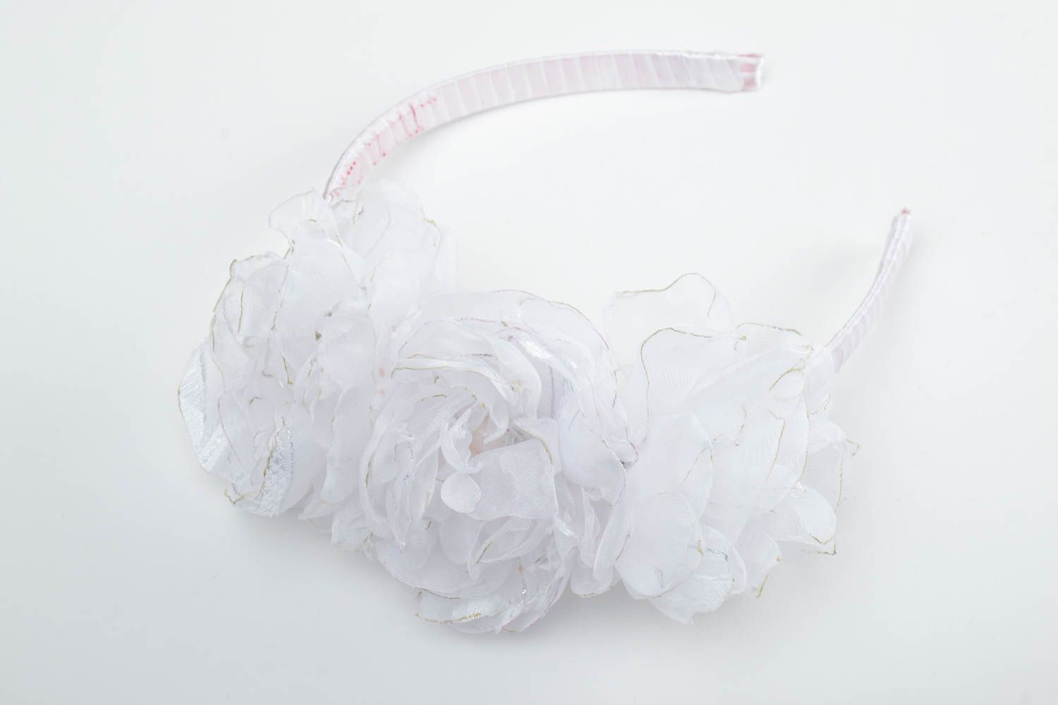 Tender white handmade festive headband with volume chiffon flowers and beads photo 2