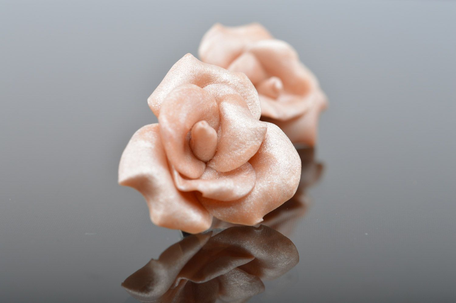Small handmade women's polymer clay flower stud earrings in the shape of roses photo 3
