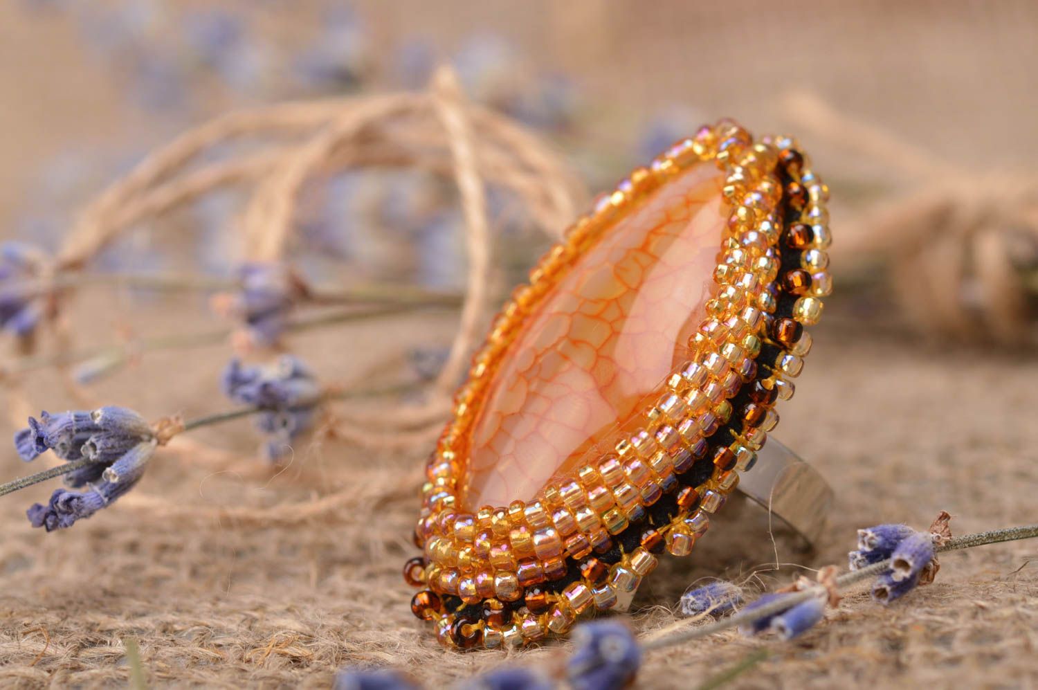 Handmade beaded ring gemstone ring with agate jewelry designer gifts for her photo 1