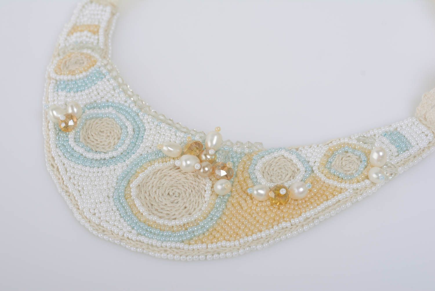 Beaded necklace with glass beads embroidery on ribbon handmade white accessory photo 2