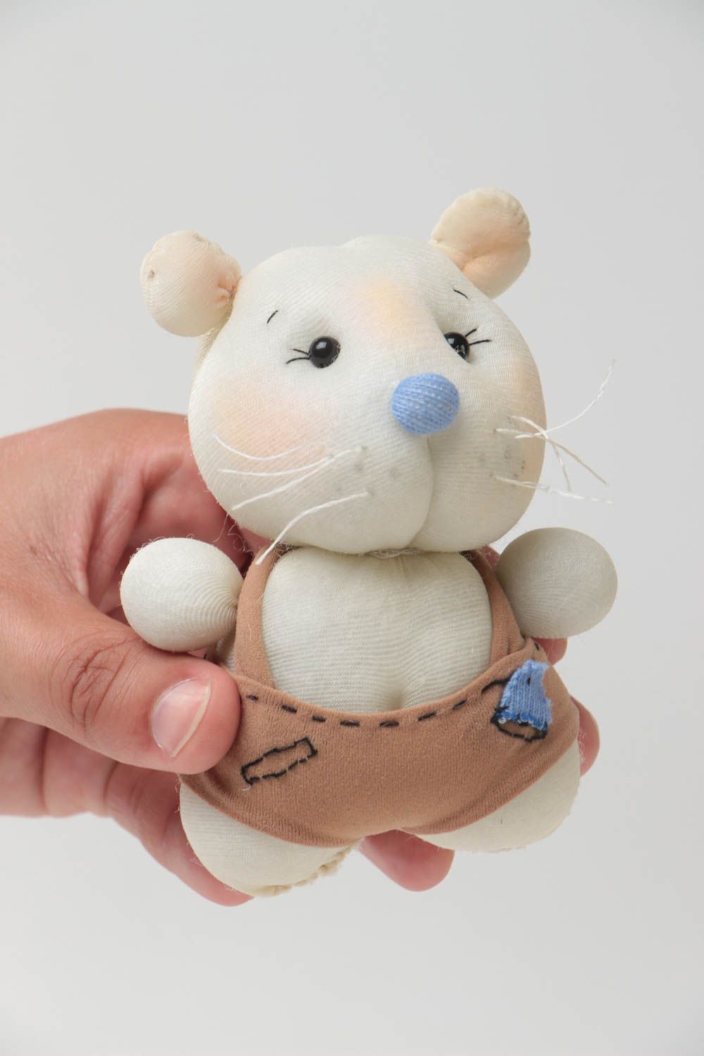 Handmade small nylon soft toy in the shape of white mouse with blue nose photo 5