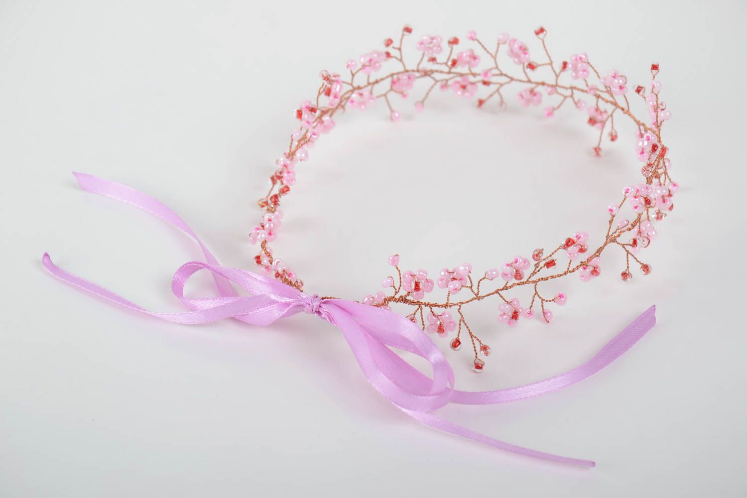 Tender handmade elegant headband with beaded pink flower and satin ribbons photo 5