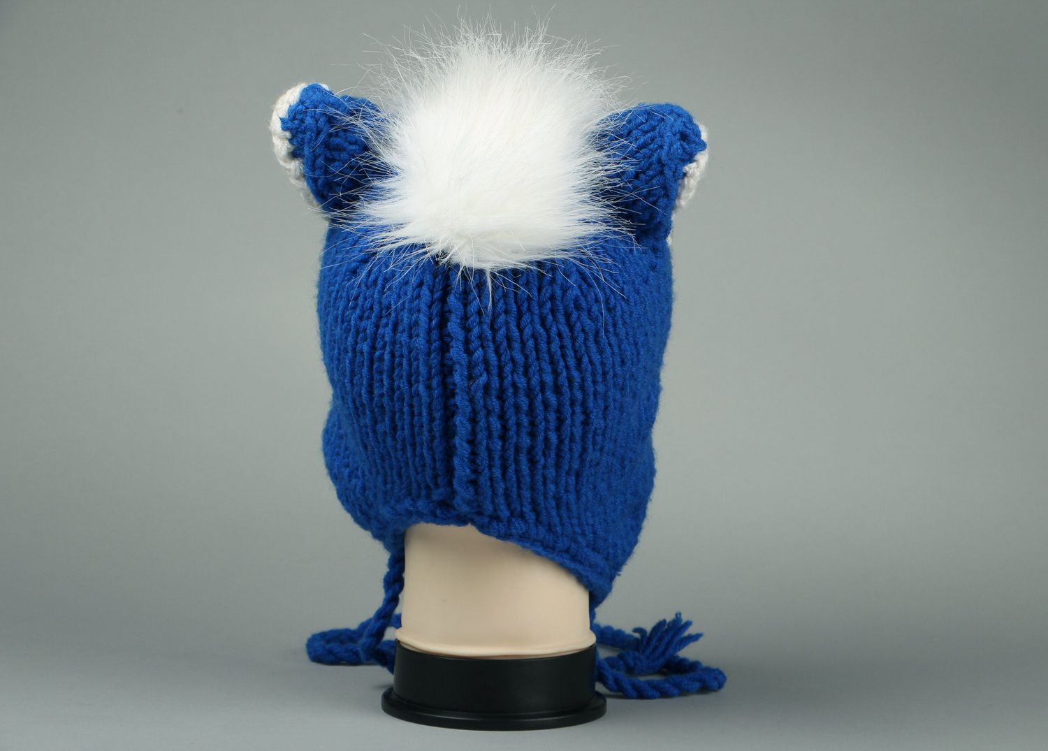 Blaue gestrickte Mütze aus Halbwolle und Kunstpelz Mütze mit Ohren foto 3